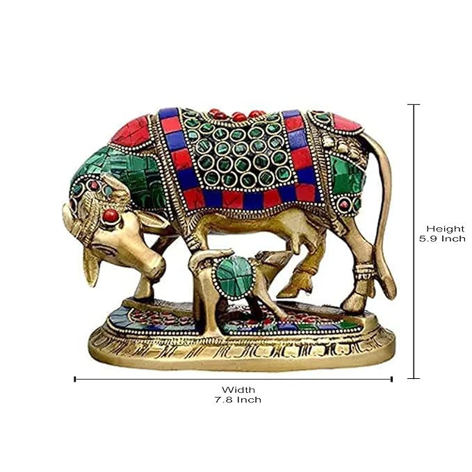 Brass Kamdhenu Cow and Calf Carving Om and Swastik Idol for Vastu, Mandir and Home Decor Height 5 Inch