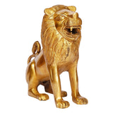 Brass lion idol statue close-up, roaring face with textured mane detail