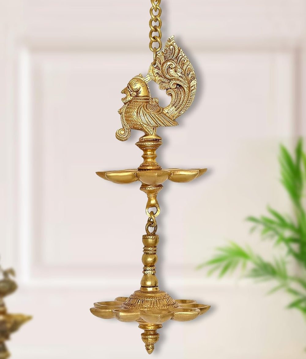 Brass Hanging Peacock with Chain Deepak deepam Oil Diya (Height 27 Inches)