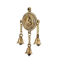 Ganesh brass hanging bells set with three bells on chains and round engraved medallion
