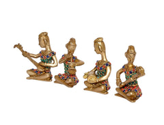 Brass musicians band set of 4, angled view of four seated ladies playing instruments, gems