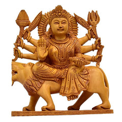 Handcarved wooden Durga figurine on lion, four arms, ornate crown, decorative showpiece