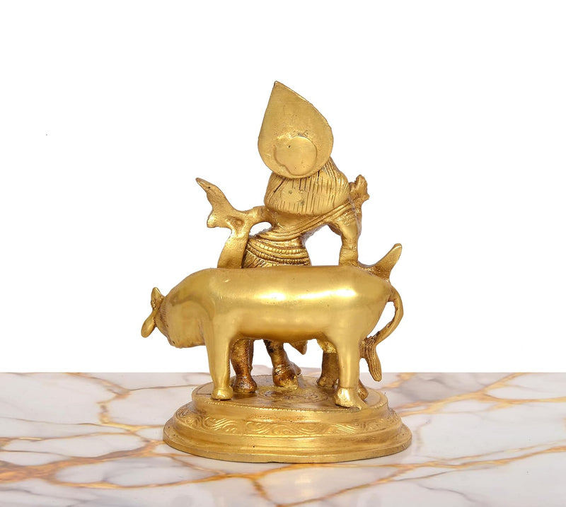 Brass Lord Krishna Playing Flute Statue with Cow (Height:6.5 Inch)