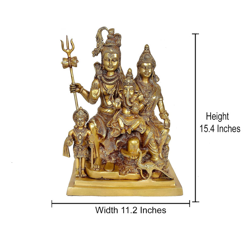 Brass Shankar Bhagwan Family Statue Mahadev, Parvati, Ganesha, Kartikeya & Nandi Murti (Height 15 Inches)