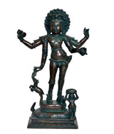 Shiva Bhikshatana idol with teal patina, four arms, standing figure on square base