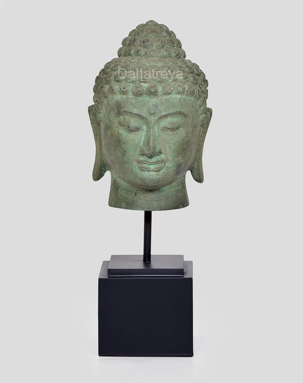 Vintage Indonesian Bronze Buddha Head on Stand Idol (Height: 14 Inches) Study Setting