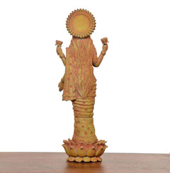 Superfine Brass Lakshmi standing murti, 8 inch, rear view, halo and lotus base