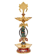 Brass chakra oil lamp diya, full deity figure with painted panels, three bowl top and base