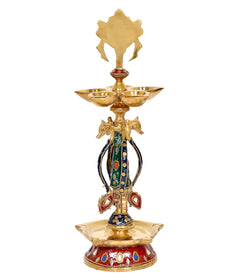 Brass chakra oil lamp diya, full deity figure with painted panels, three bowl top and base