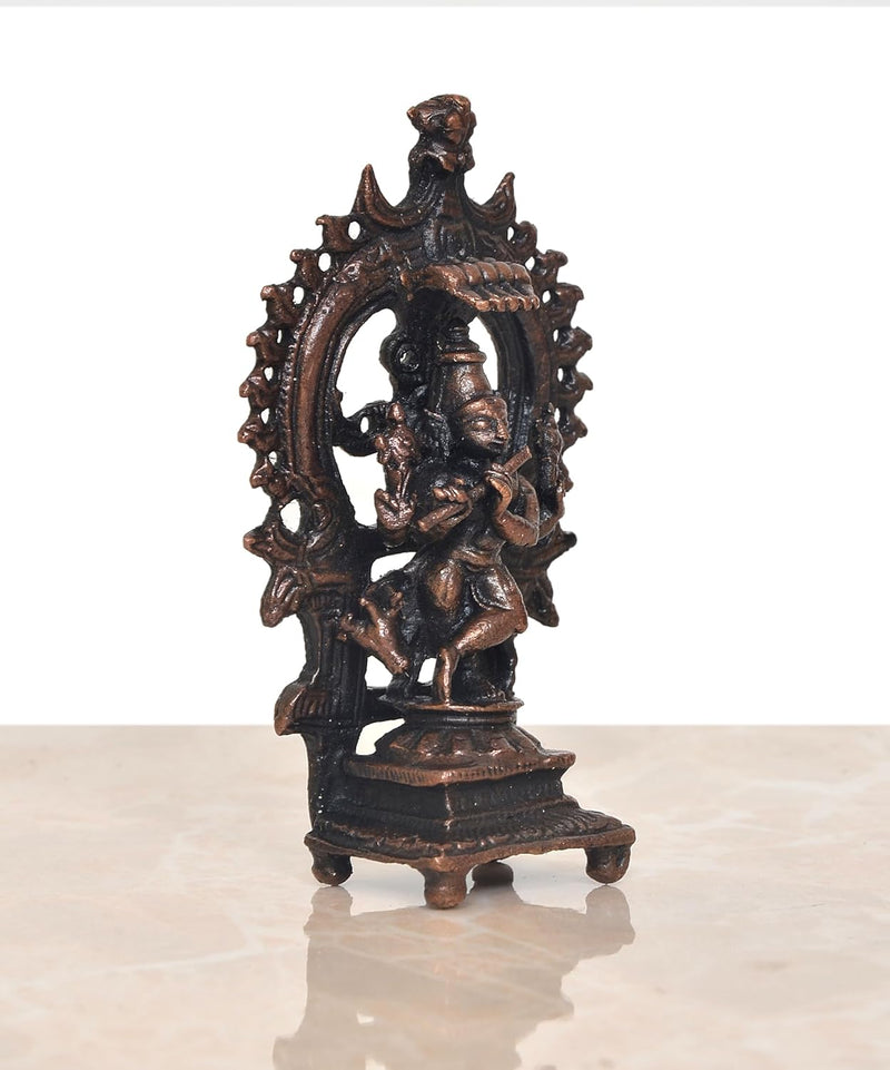 Copper Lord Krishna Playing Flute with Cow in Arch Idol Figurine Sculpture Playing Flute Statue Decorative Showpiece, (Height 3 Inch)