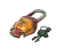 Buddha face padlock with handle loop and three green keys, multicolor