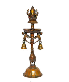 Brass Ganesha diya showpiece with bowl base and four bell cups