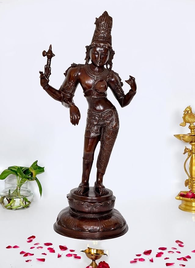 Brass Ardhanarishvara statue idol of Shiva-Parvati with tall crown, standing on round base