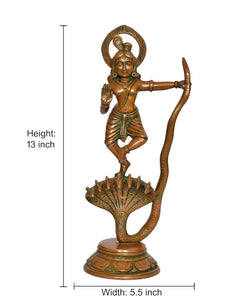 Brass Krishna dancing on Kaliya Naag statue, 13 inch height shown