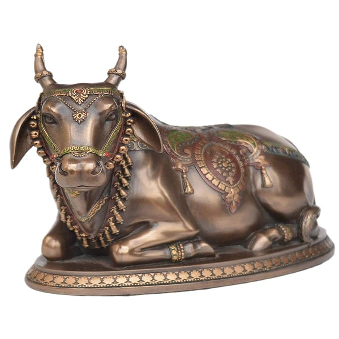Bronze-copper sitting Nandi idol with decorative harness, polyresin home decor, 8 in