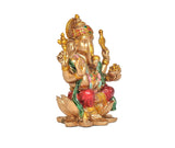 Resin Ganesha idol side view, seated on lotus, golden crown, green robe, red accents
