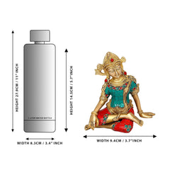 Indra brass idol, seated figure shown with size measurements, teal and red jeweled details