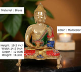 Brass Buddha idol (20 in) seated in Dhyan mudra, multicolor painted robes and seat.
