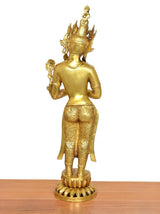 Namaste Standing Tara brass murti, back view, ornate crown and raised arms