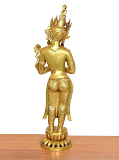 Namaste Standing Tara brass murti, back view, ornate crown and raised arms