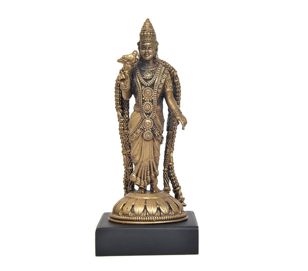 Panchaloha Goddess Meenakshi with Lotus / Goda Devi with Parrot Idol (Height: 5 Inch) Entryway Setting