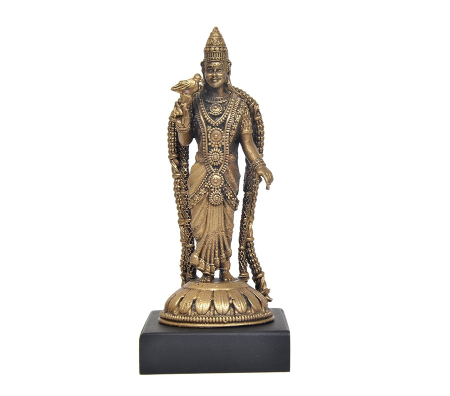 Panchaloha Goddess Meenakshi with Lotus / Goda Devi with Parrot Idol (Height: 5 Inch) Craft Detail