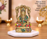 Brass Gaja Lakshmi idol, colorful jeweled dress; 6-inch tabletop/wall hanging.