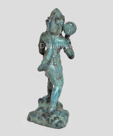 Hanuman Ji bronze statue back-right view, turquoise patina, standing on oval base