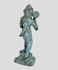 Hanuman Ji bronze statue back-right view, turquoise patina, standing on oval base