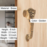 Brass Ganesha door handle pair, 8 in height, golden decorative curved handles.