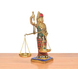 Lady Justice brass figurine with balance scales, multicolor jeweled robe