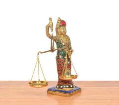 Lady Justice brass figurine with balance scales, multicolor jeweled robe
