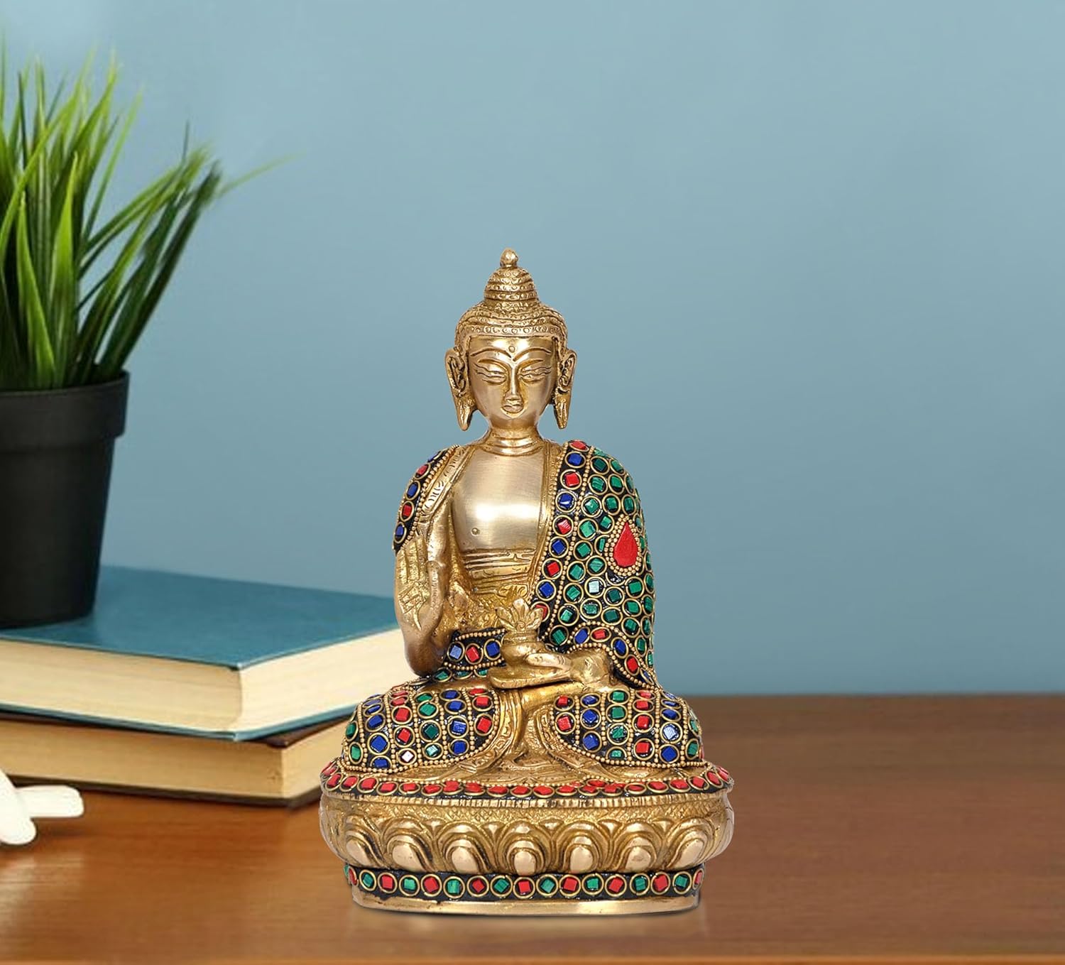 Brass Buddha Statue - Handcrafted Spiritual Decor for Home Decor and Office - Meditating Buddha Idol (Height 8 Inch) (Buddha Multicolor)