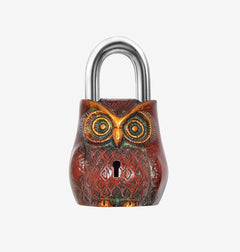 Owl door padlock, multicolor owl face on reddish-brown body, brass U-shackle
