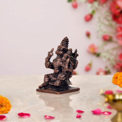 Copper Lakshmi Narasimha idol from rear angle, 2 inch height, sculpted deity details