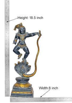 Krishna on Kaliya Naag brass statue, Height 18.5 in; Width 8 in measurement
