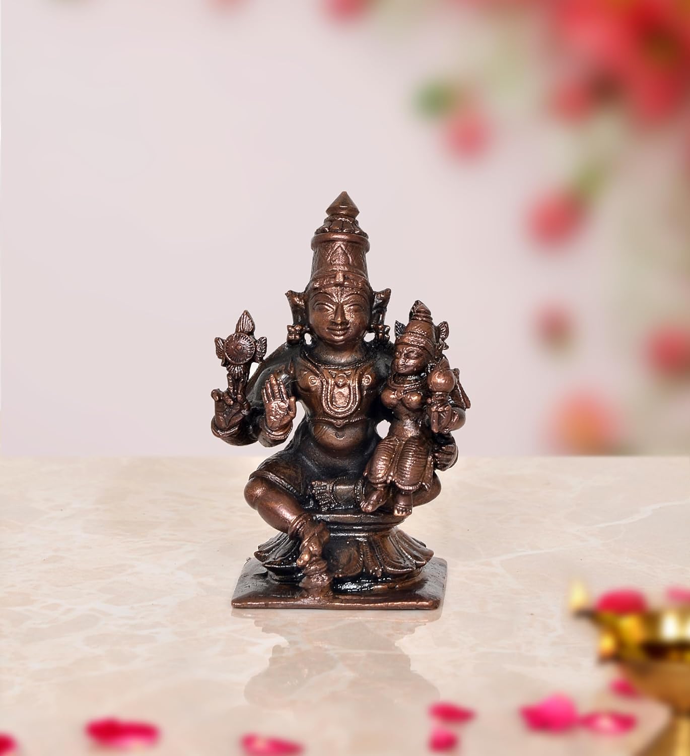 Copper Sitting Lakshmi Narayana Lord Vishnu Statue for Home