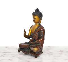 Brass Buddha statue in Abhaya mudra, side view, golden face with dark robe and base