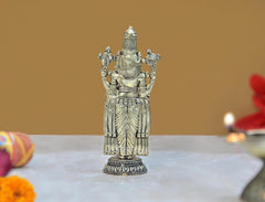 Brass Tirupati Balaji idol statue, rear view with carved drapery and pedestal base