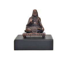 Copper Raghavendra Swami statue, seated figure with folded hands on square base