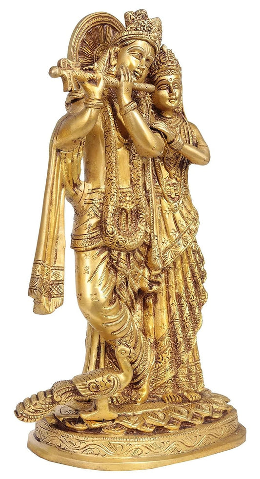 Brass Radha Krishna Idol playing flute (Height 10.5 Inch)