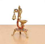 Brass peacock diya lamp side view, hanging bell, multicolor jeweled base and oil bowl