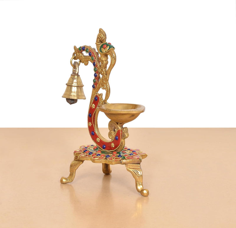 Brass Peacock Diya with Hanging Bell Traditional Oil Lamp (Height: 8 Inch)