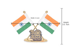 AONA metal dashboard ornament, 3.5 in height; two crossed Indian flags with Vande Mataram
