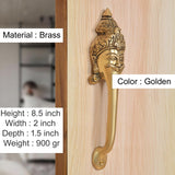 Golden brass door handle with ornate head, 8.5 in height (pair)