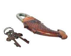 Fish padlock with brass-colored shackle and two decorative keys; orange tail details