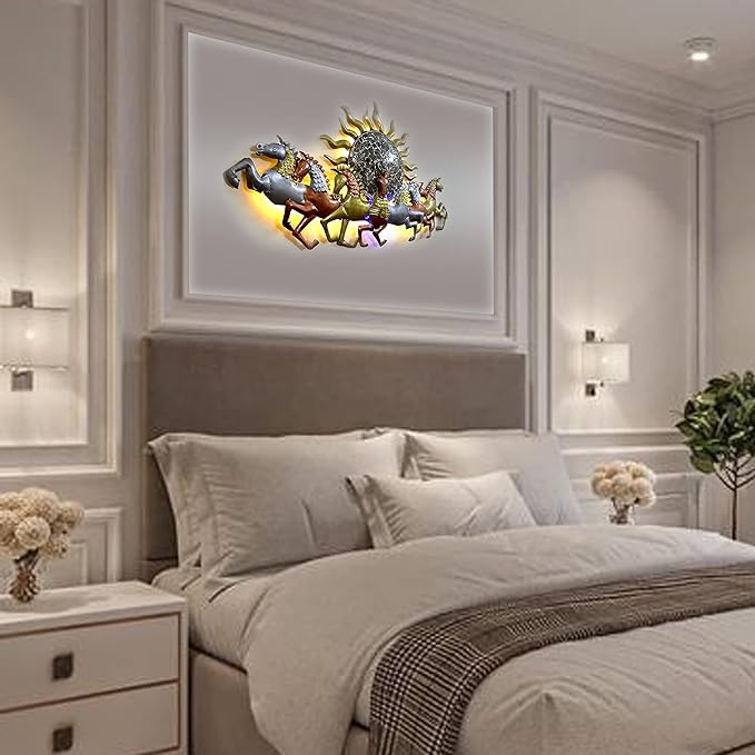 Iron Seven Running Horses with Sun Wall Decor Showpiece With LED Lights Horses (Width: 49 Inches)