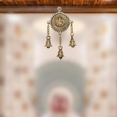 Ganesh brass hanging bell decoration with three bells and circular Ganesha medallion