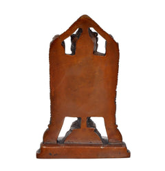 Back view small idol statue base, open arched frame, bronze-brown finish
