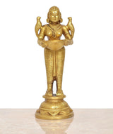 Brass Lakshmi deepam diya statue, front view, holding oil bowl, gold-tone finish